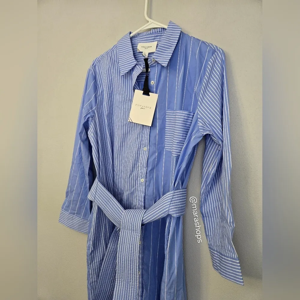 Pomander Place Plue Stripe Chessie Preppy Belted Shirt Maxi Dress - Image 6