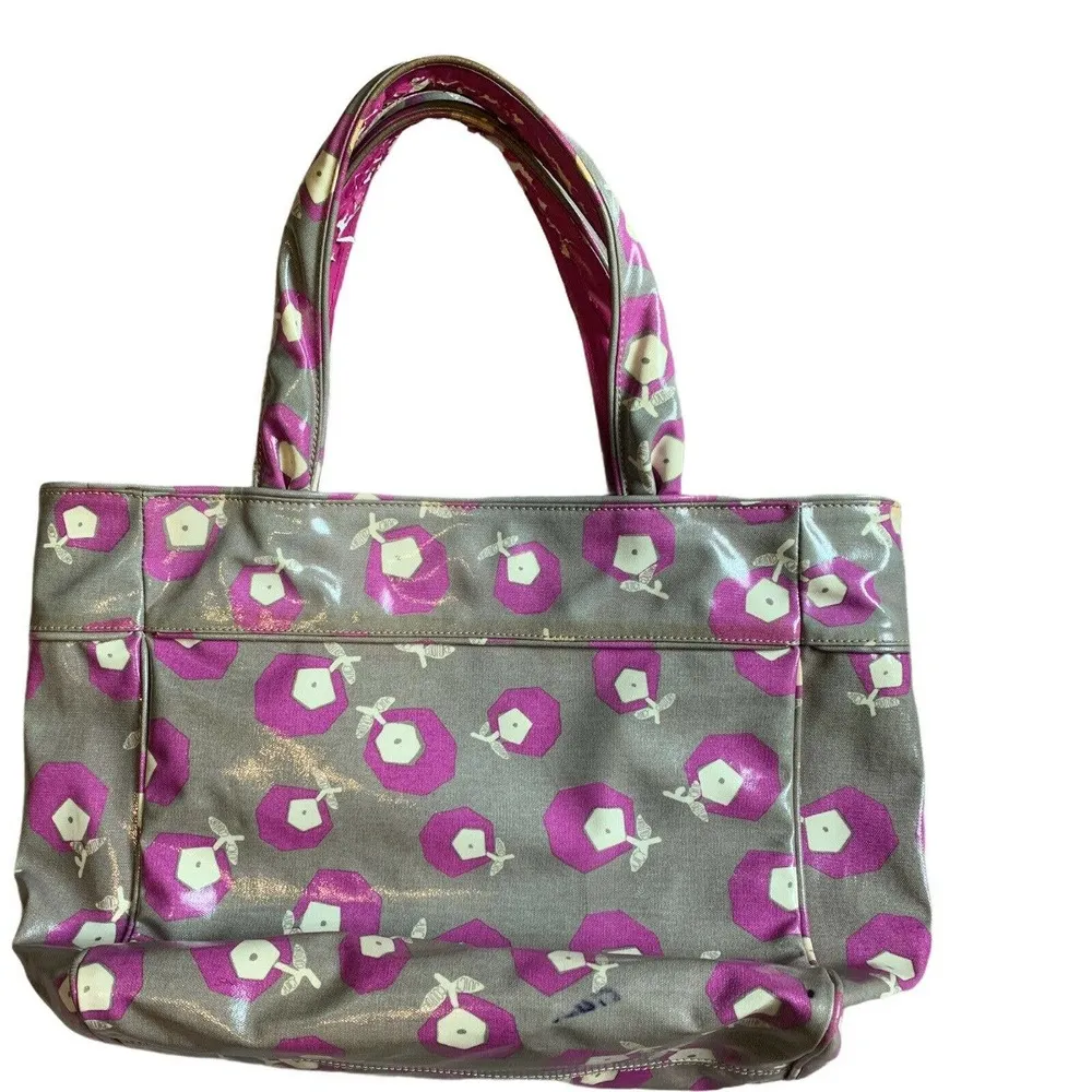 Juicy Couture Tote Vinyl Gray Purple White Flowers Bag Leather Trim - Image 2