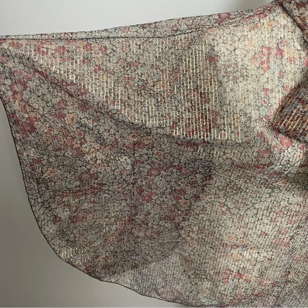 Vintage Mademoiselle Top Blouse Floral Striped Sheer Tie Neck Pink Black Gold Size M - Image 2