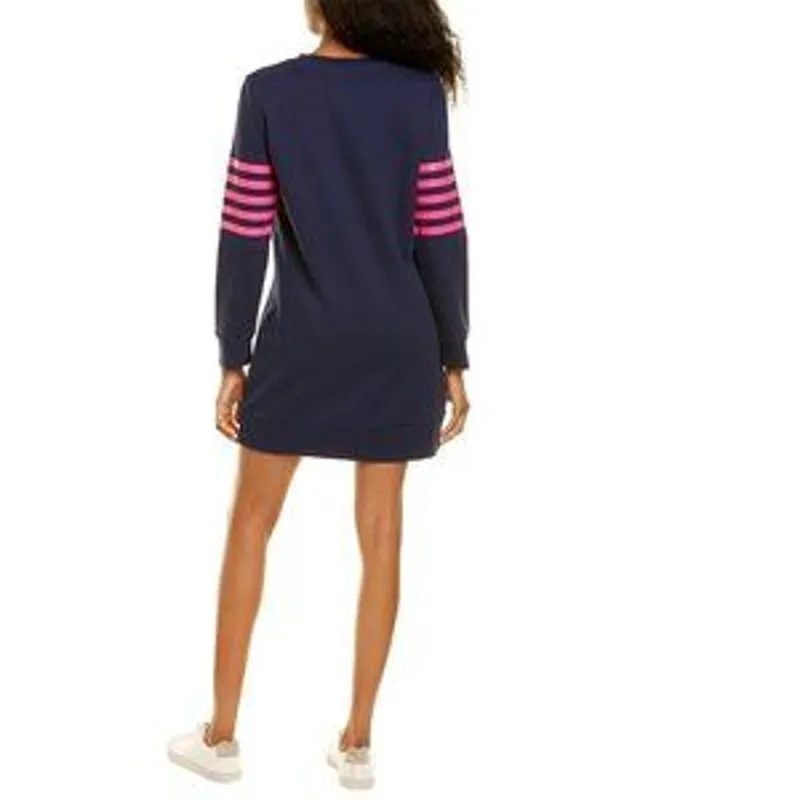 Sail to Sable EUC Women's Navy Blue Sweatshirt Dress Pink Sleeve Stripes M - Image 3