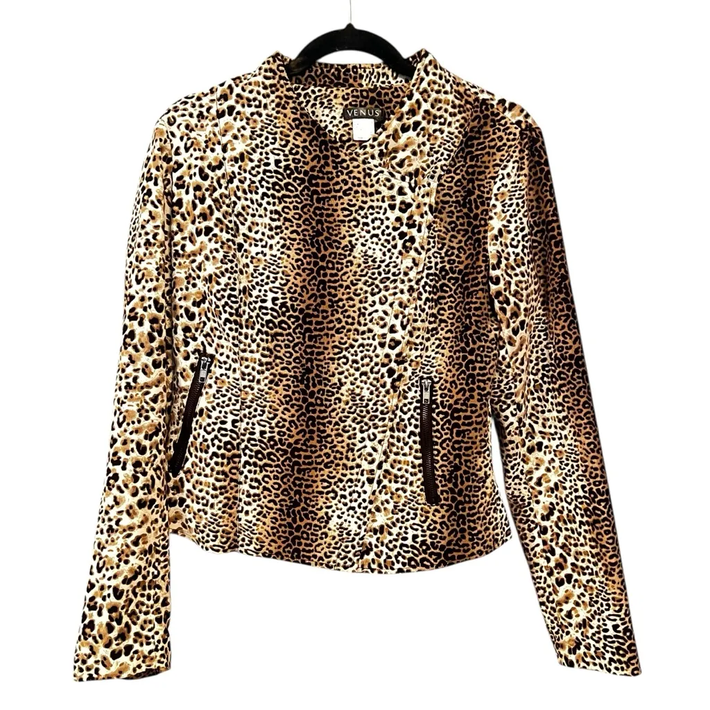 Venus Leopard Print Moto Jacket Animal Print Zip Front Lined Brown Jacket Size 8 - Image 2