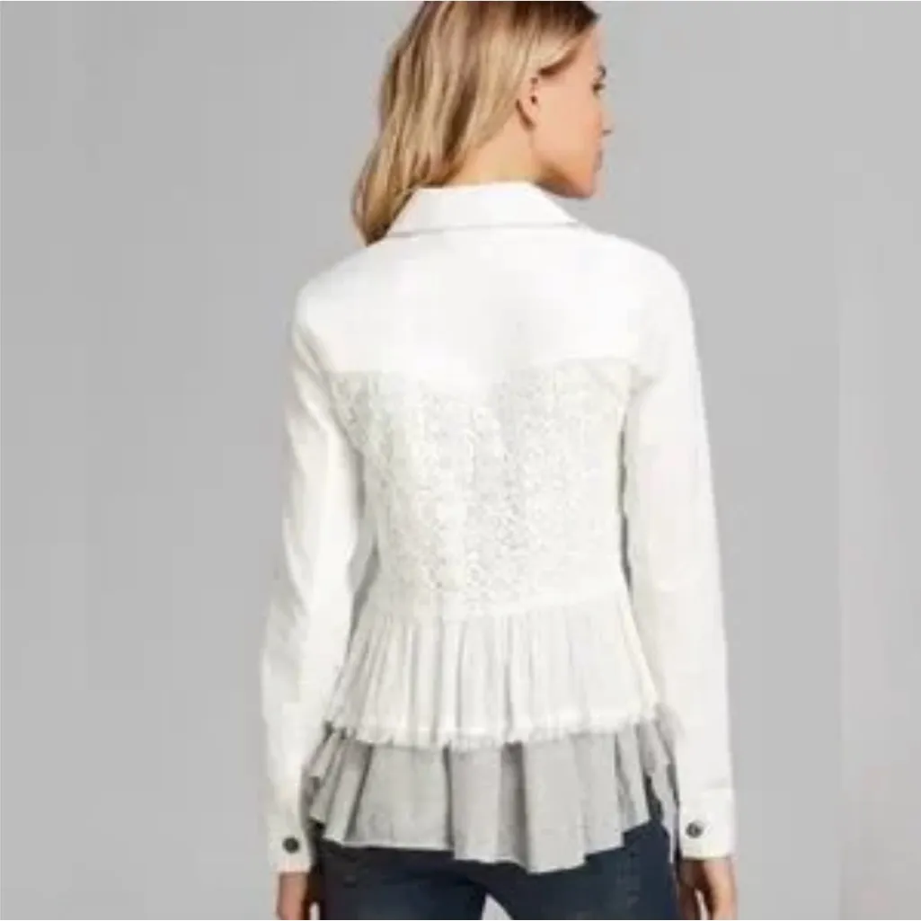 Kate & Mallory Free People NWOT Women's White Jean Jacket W/ Lace and Ruffles - Image 2