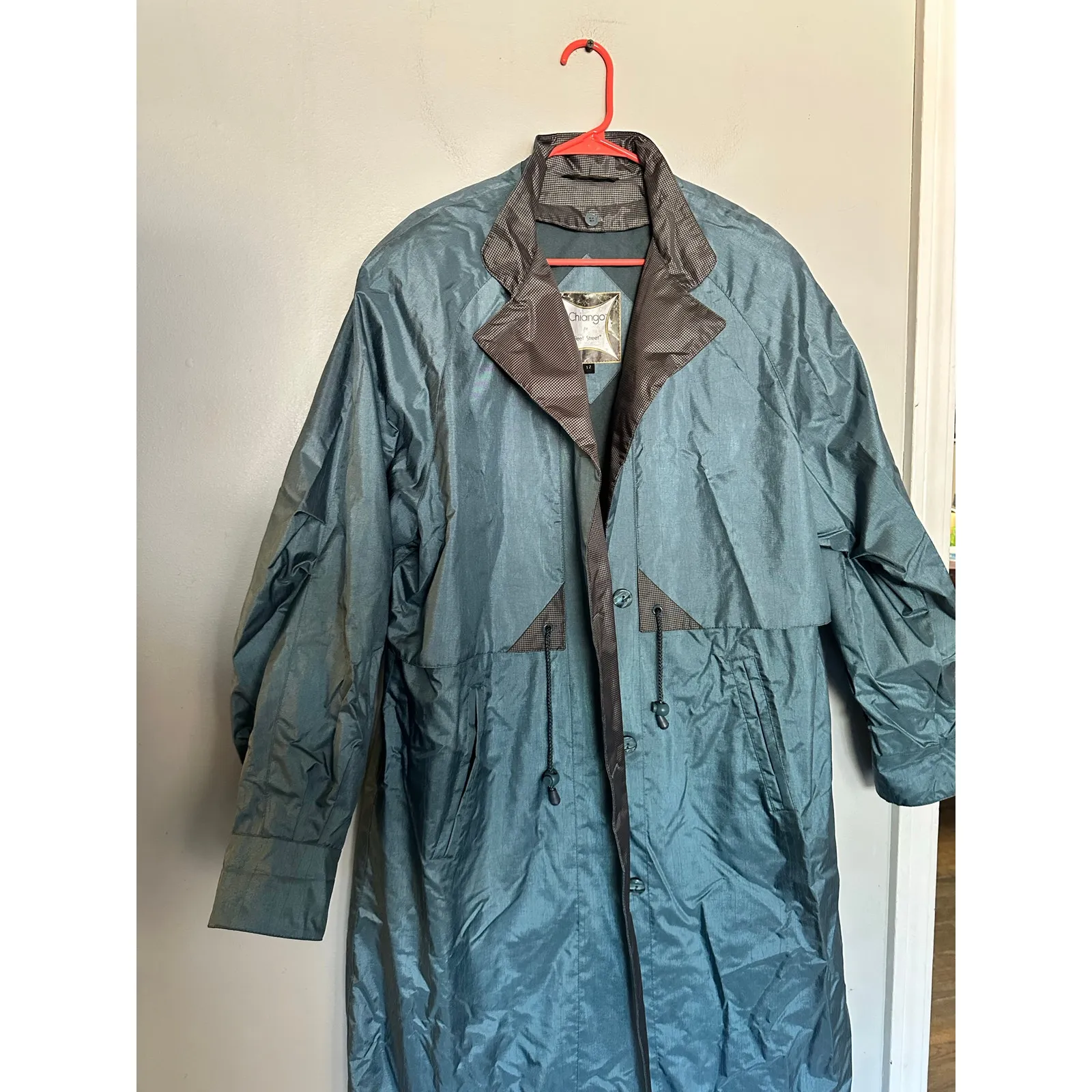 Vintage FLEET STREET Blue Button Up Gingham Accents Long Trench Rain Coat sz 12 - Image 9