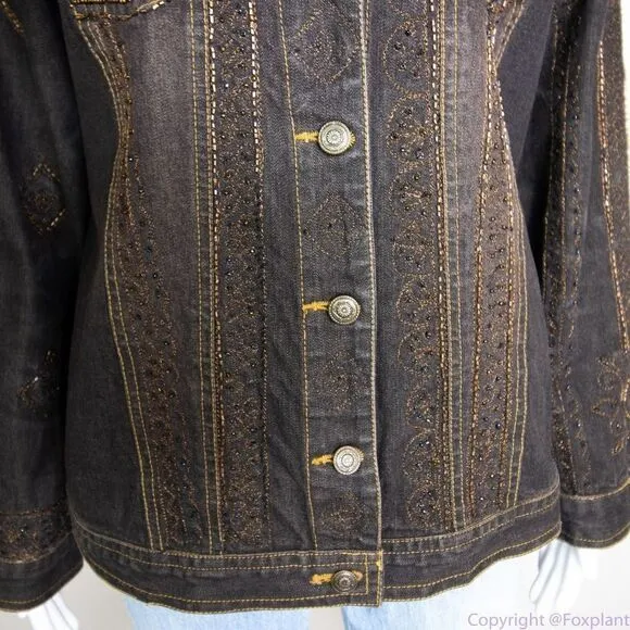 Laura Ashley brown beaded embroidered button up‎ jean jacket, size M - Image 8