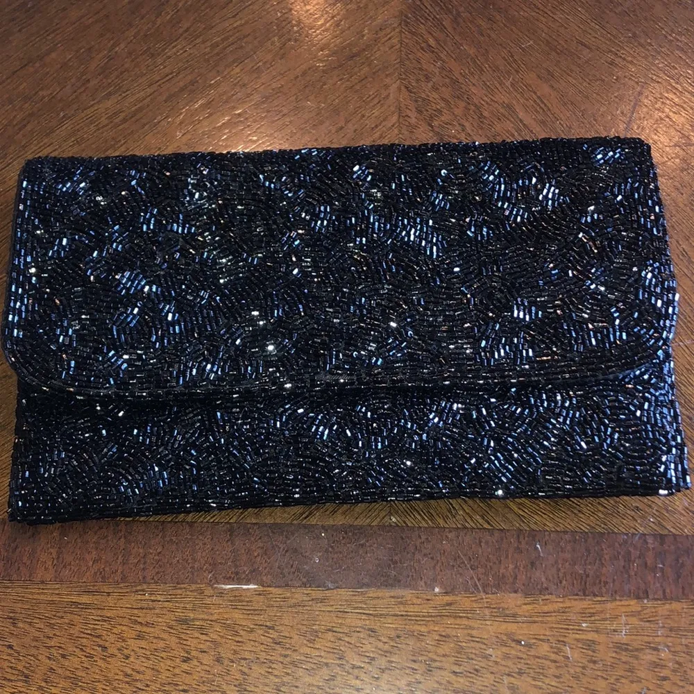 Valerie Stevens Black & Gold Tone Vintage Seed Bead Beaded Evening Bag Clutch - Image 14