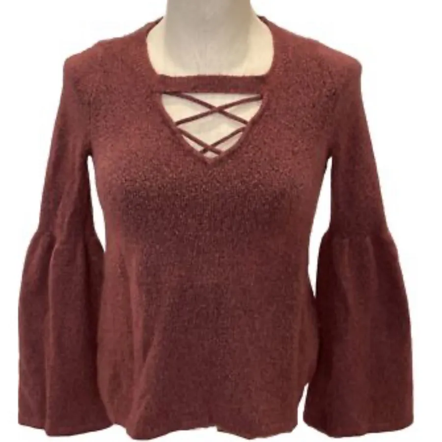 American Eagle Outfitters Bell Sleeve Criss Cross Sweater Burgundy V-Neck Large - Image 2