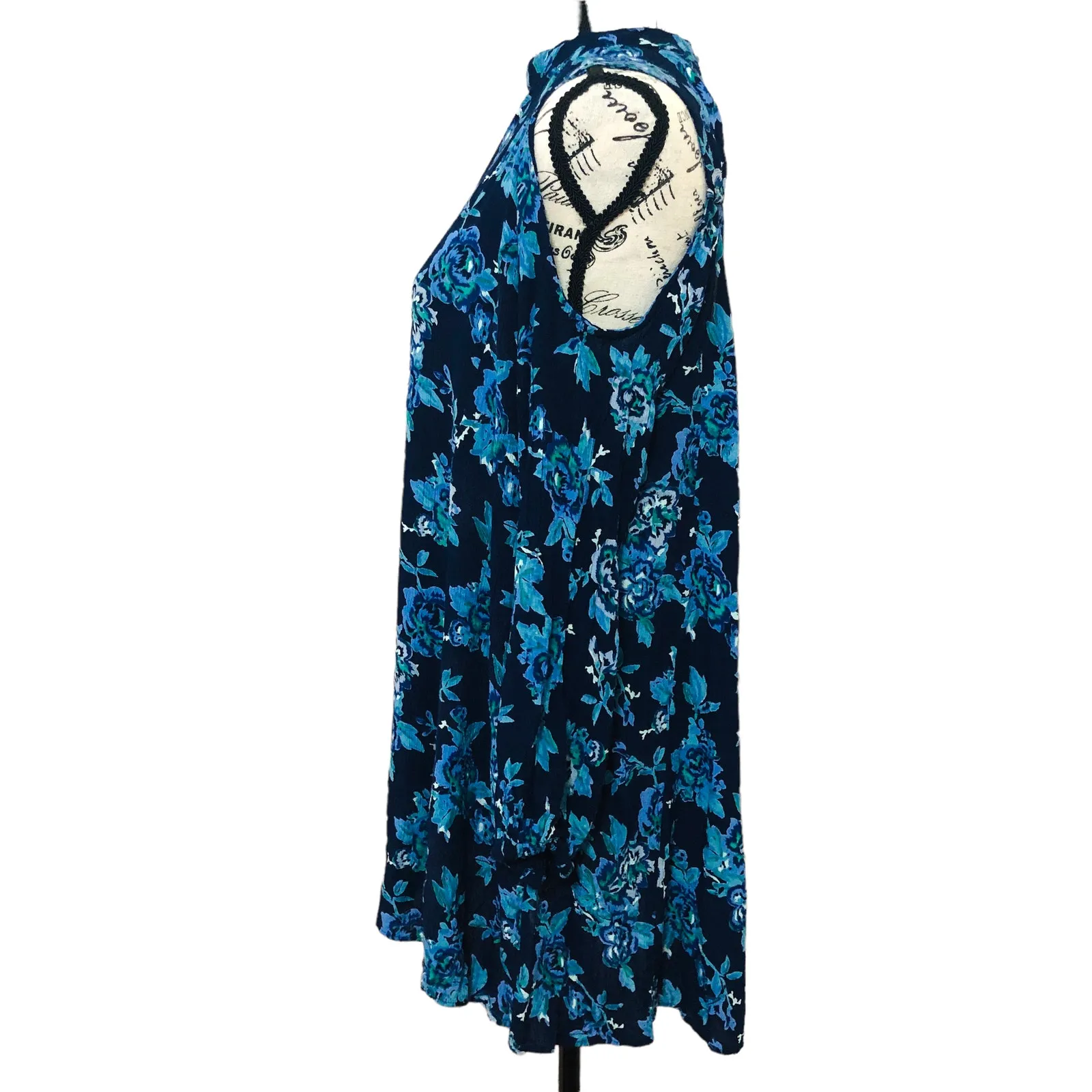 Angie (M) Long Sleeve Cold Shoulder Floral Swing Dress High Neck Cut Out Back - Image 4