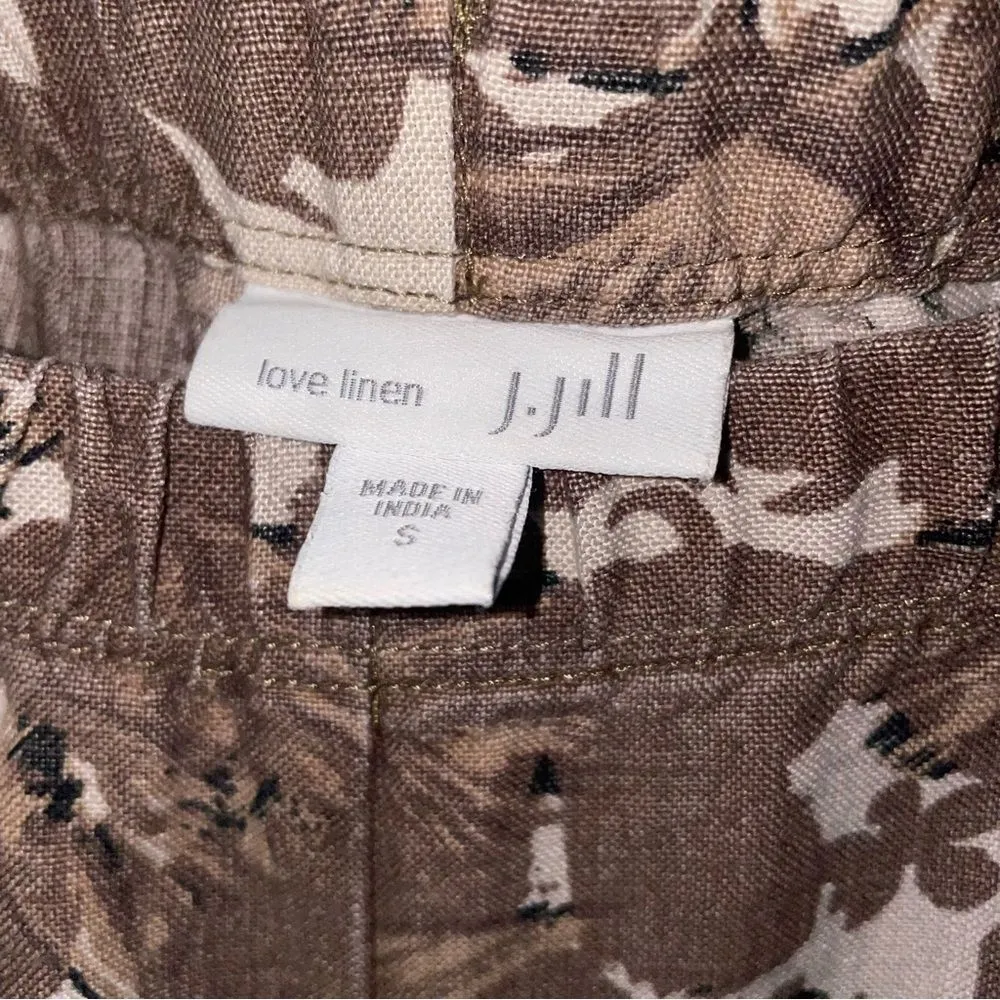 J Jill Size S 100% Linen Wide Leg Printed Pants Pull On Brown - Image 4