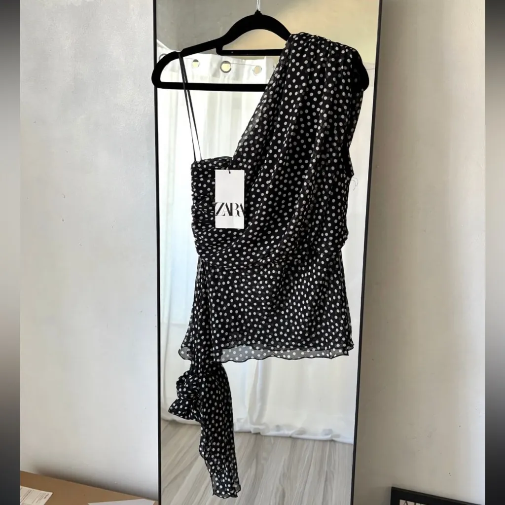 zara Black Polka Dot one shoulder tie bottom semi Sheer Blouse - Image 2