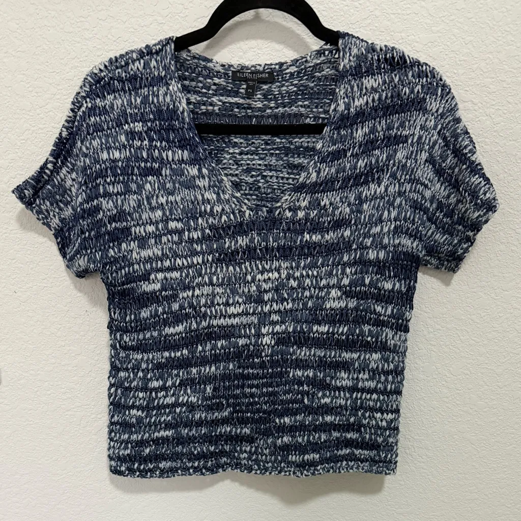 Eileen Fisher Sweater Top V-Neck Ribbon Tape Knit Blue Brushstroke Small Petite - Image 4