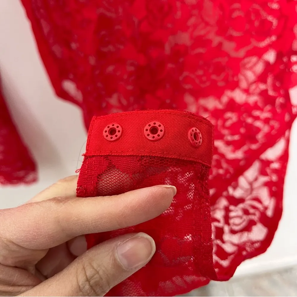H&M Red Lace Long Sleeve V-neck Bodysuit M Sexy Vegas party top snap closure - Image 13
