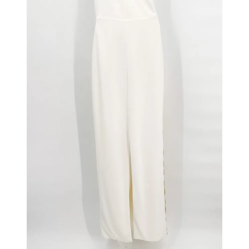 Haney Petra One Shoulder Metallic Gold Mesh Paneled Ponte Ivory Gown Maxi Dress - Image 7