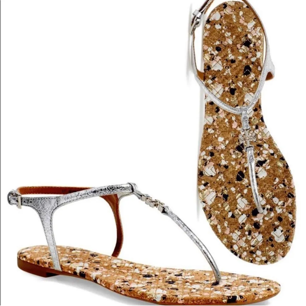 TORY BURCH Marion Confetti Cork T-Strap Silver Metallic Leather Thong Sandal 7.5 - Image 2