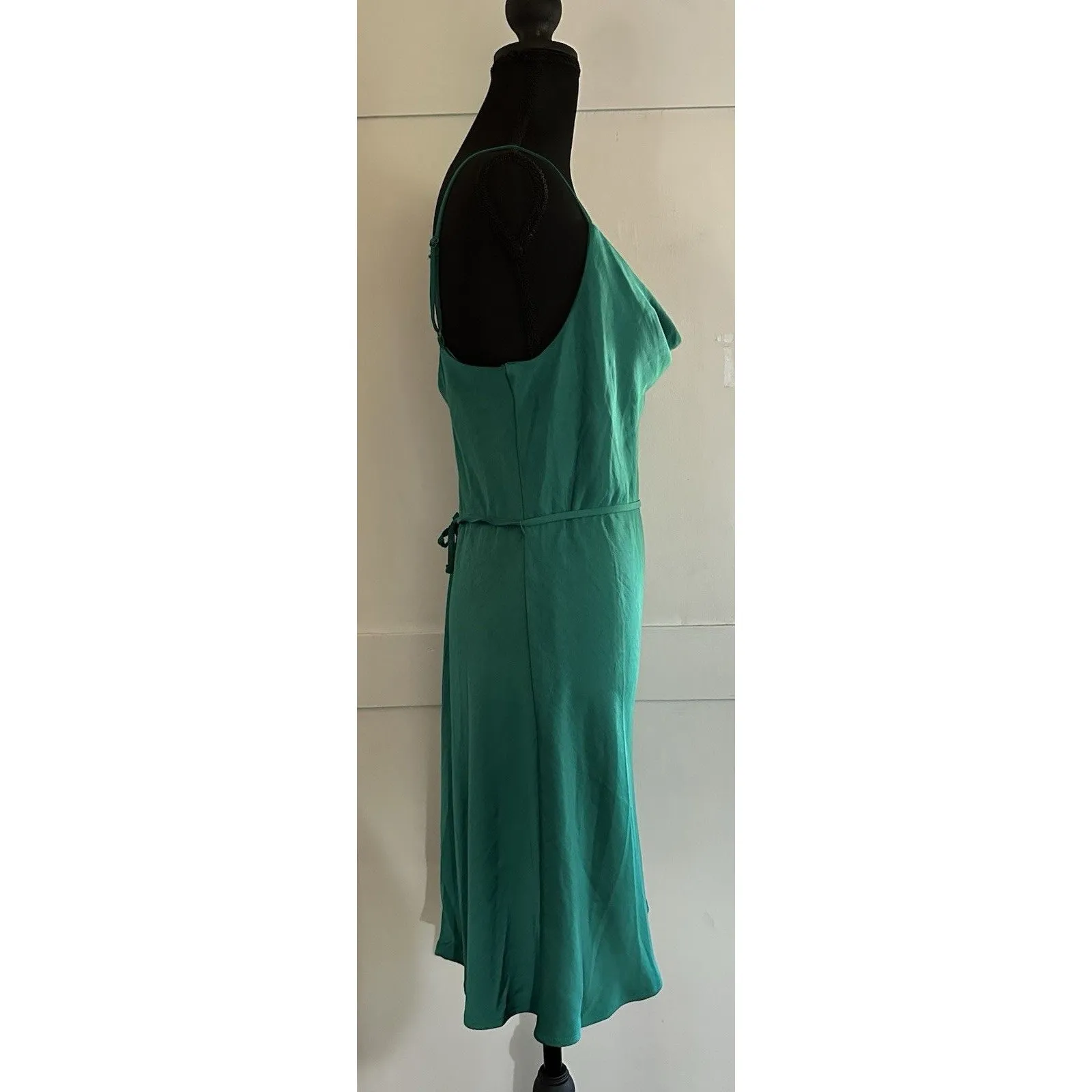 J for Justify Mini Slip Dress Green Satin Draped Cowl Neck Tie Waist Sz S - Image 3