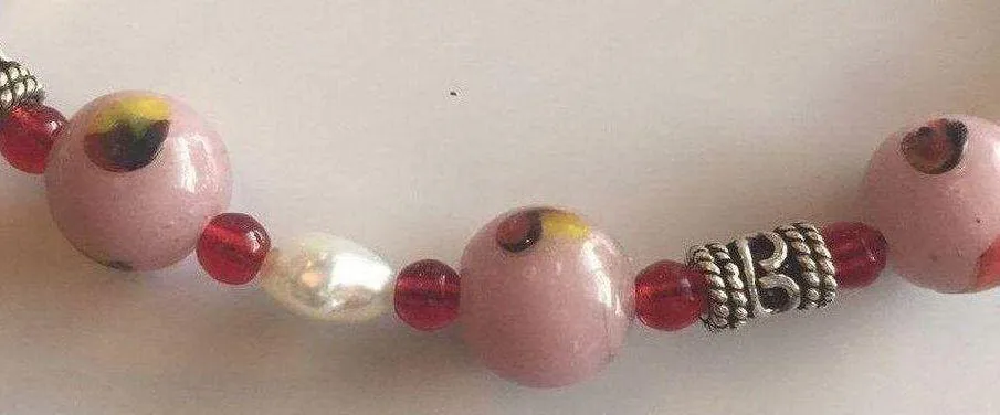 Pink Floral Beads, Sterling & Freshwater Pearl Beaded Necklace - Image 3