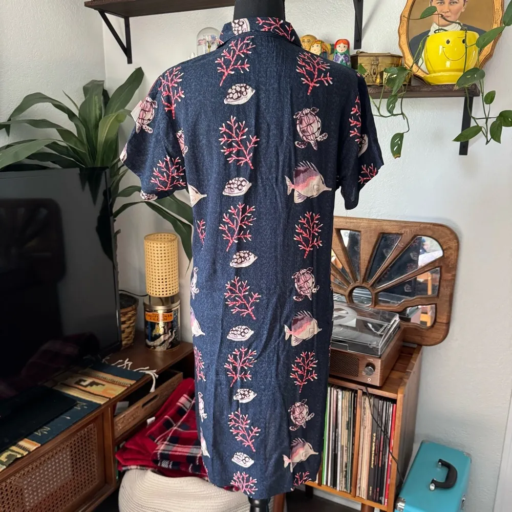 Vintage 90’s Tropical Fish Button Down Shirt Dress Blue Size L - Image 5