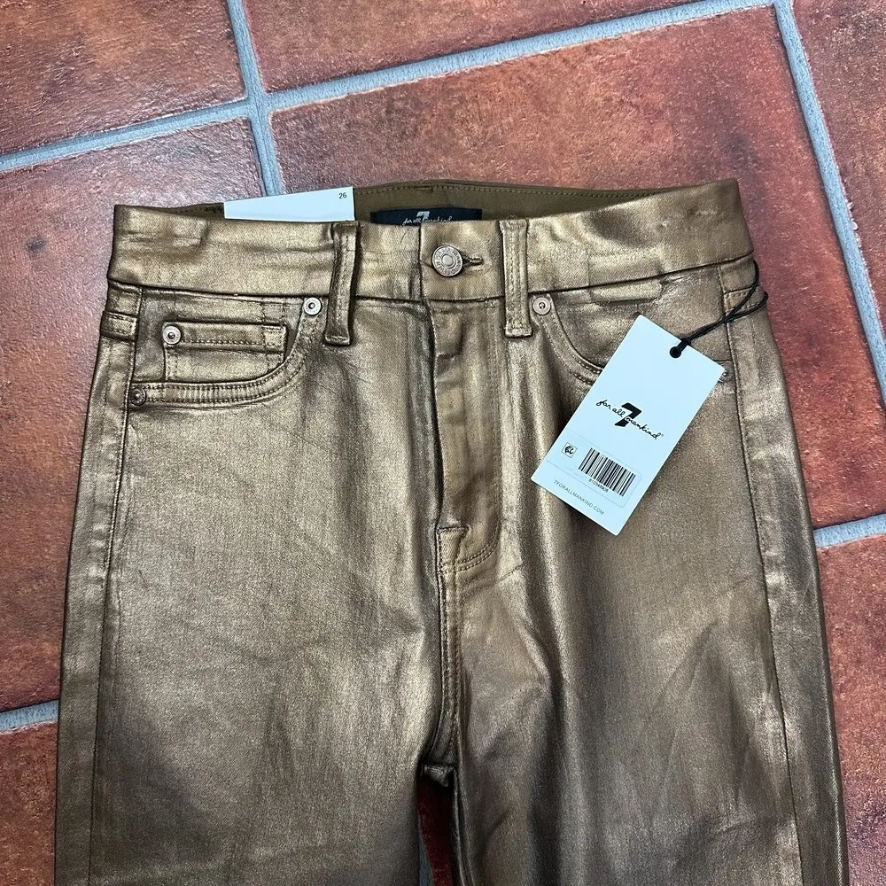 NWT 7 For All Mankind Metallic Gold High Waist Skinny Jeans Size 26 - Image 2