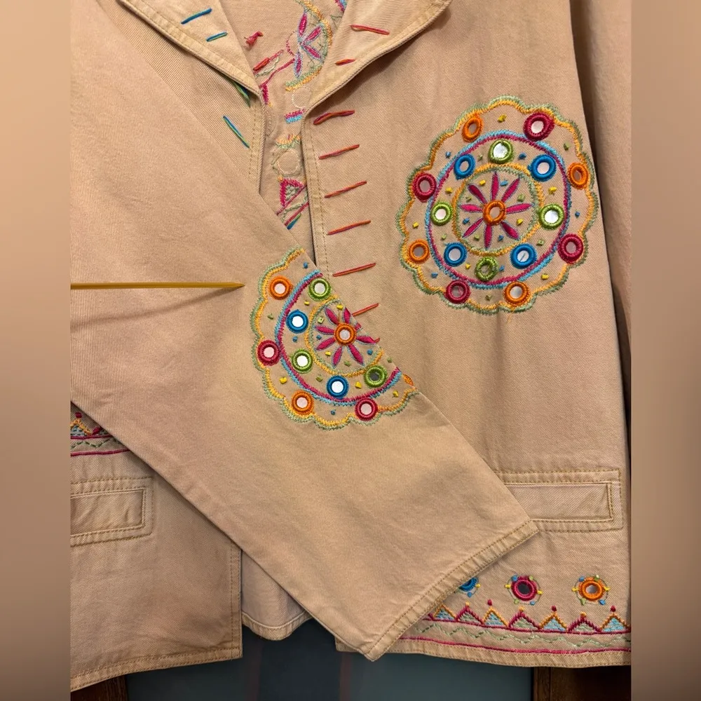 Anne Ashley Vintage Tan Open Denim Jacket Blazer Aztec Boho Embellished Plus 2X Size XXL - Image 5