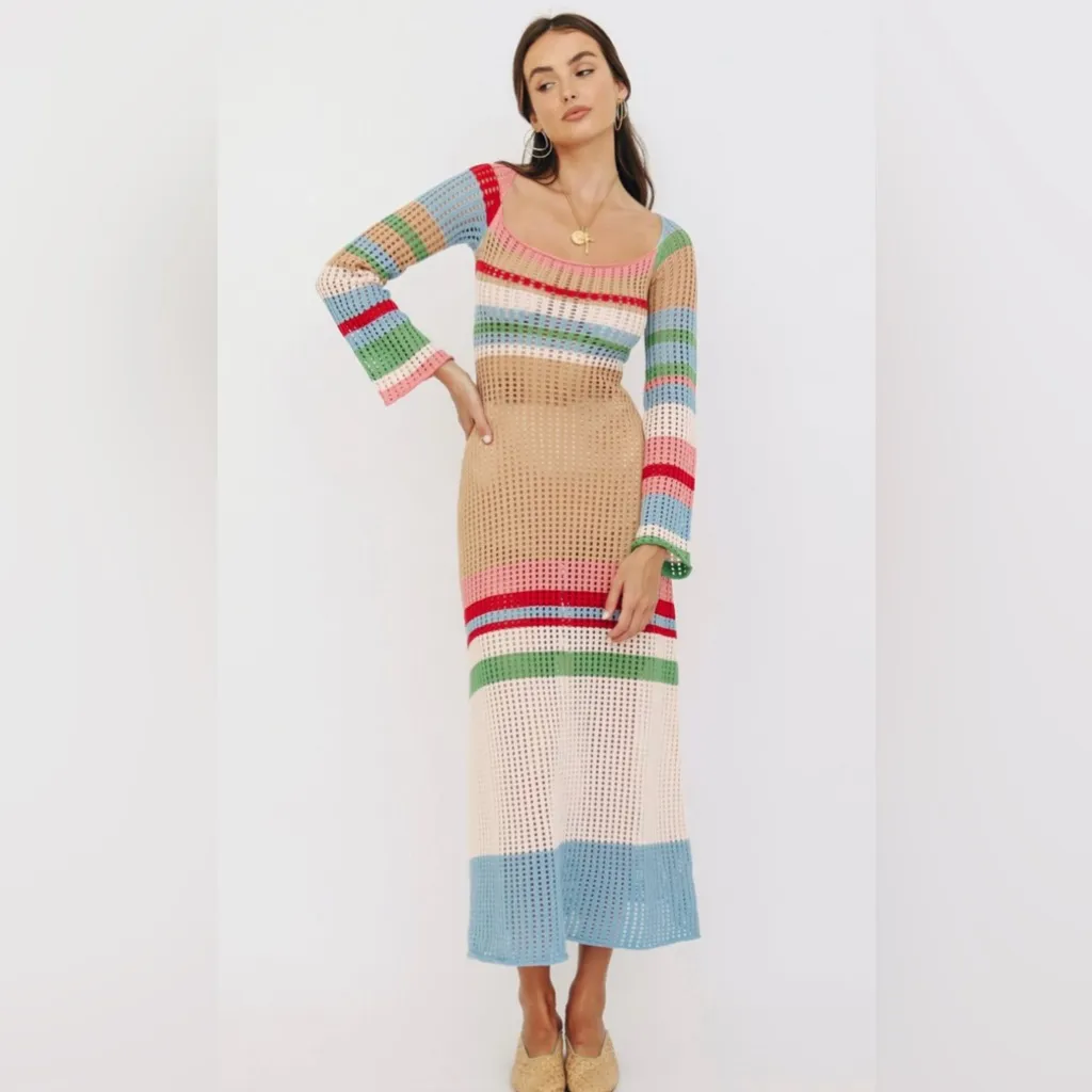 VRG GRL Verge Girl Work of Art Crochet Maxi Dress Multi size AU 8 US 4 Small Tan - Image 2