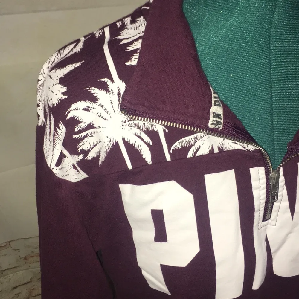 PINK Logo Pullover Sweatshirt With Palm Trees Print 1/4 Zip Loungewear Top - Image 3