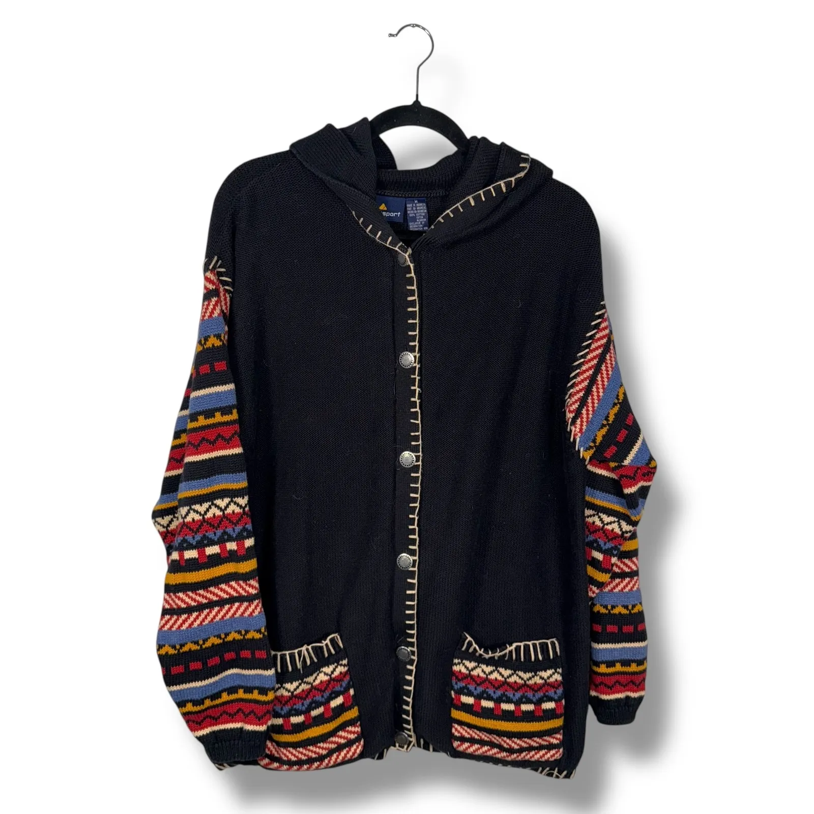Lizsport Black Multi Color Geometric Knit Hoodie Cardigan Sweater Womens M Size M - Image 2