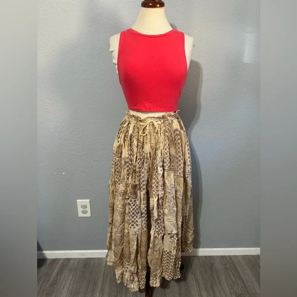 Short Circuit Vintage Women Brown Bohemian Maxi Summer Drawstring Skirt FREESIZE Tan Size undefined - Image 2