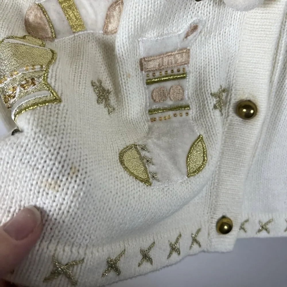 All Points Christmas Cardigan Bells Stockings Knit Cream Women’s Size Medium - Image 8