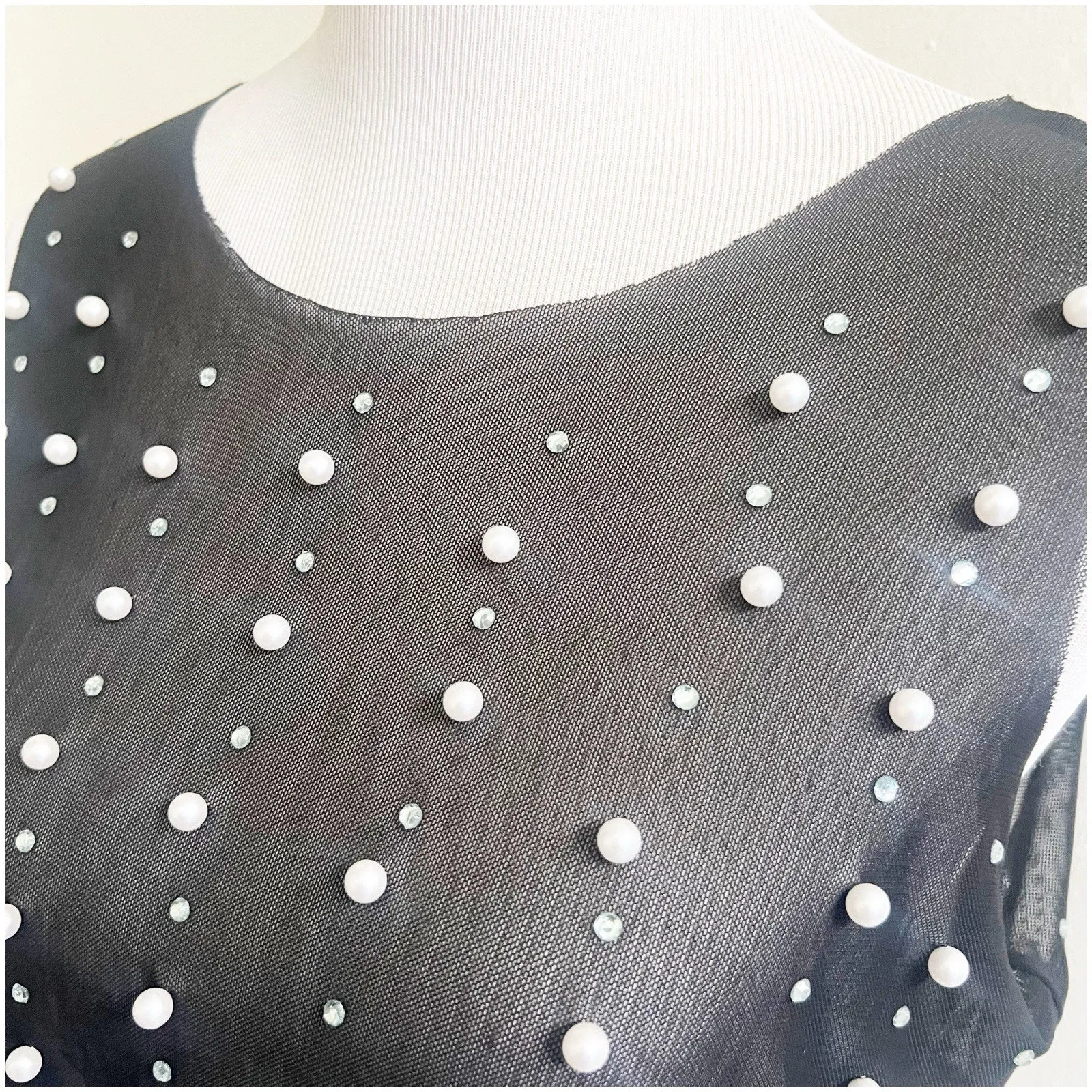 Oppa Pearl Rhinestone Sheer Mesh Crop Top Sexy See Through Short Sleeve NWT S Black - Image 7