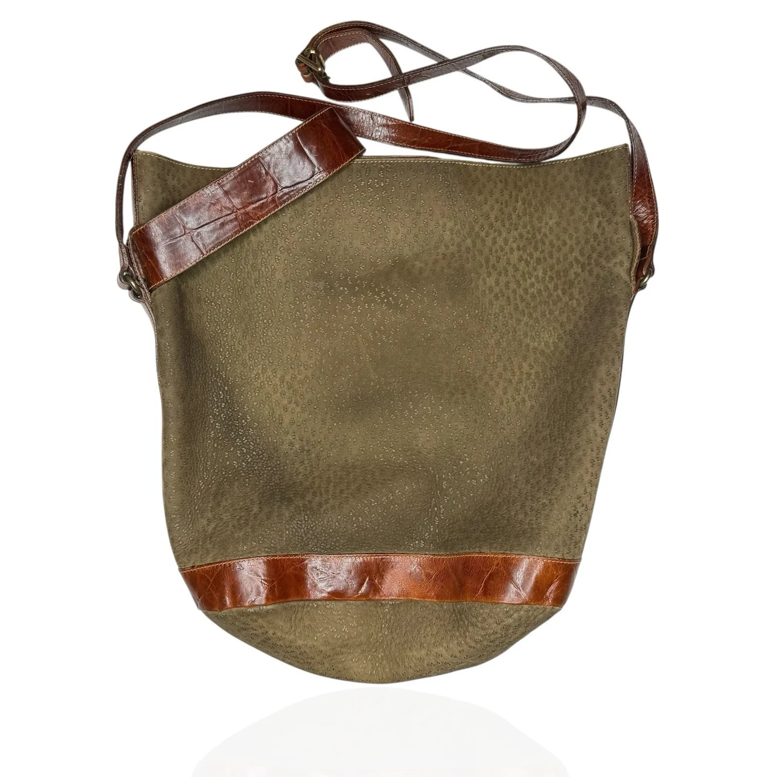 Furla Soft Italian Suede Large Hobo‎ Bag Brown Croc Embossed Leather Trim Buckle - Image 2