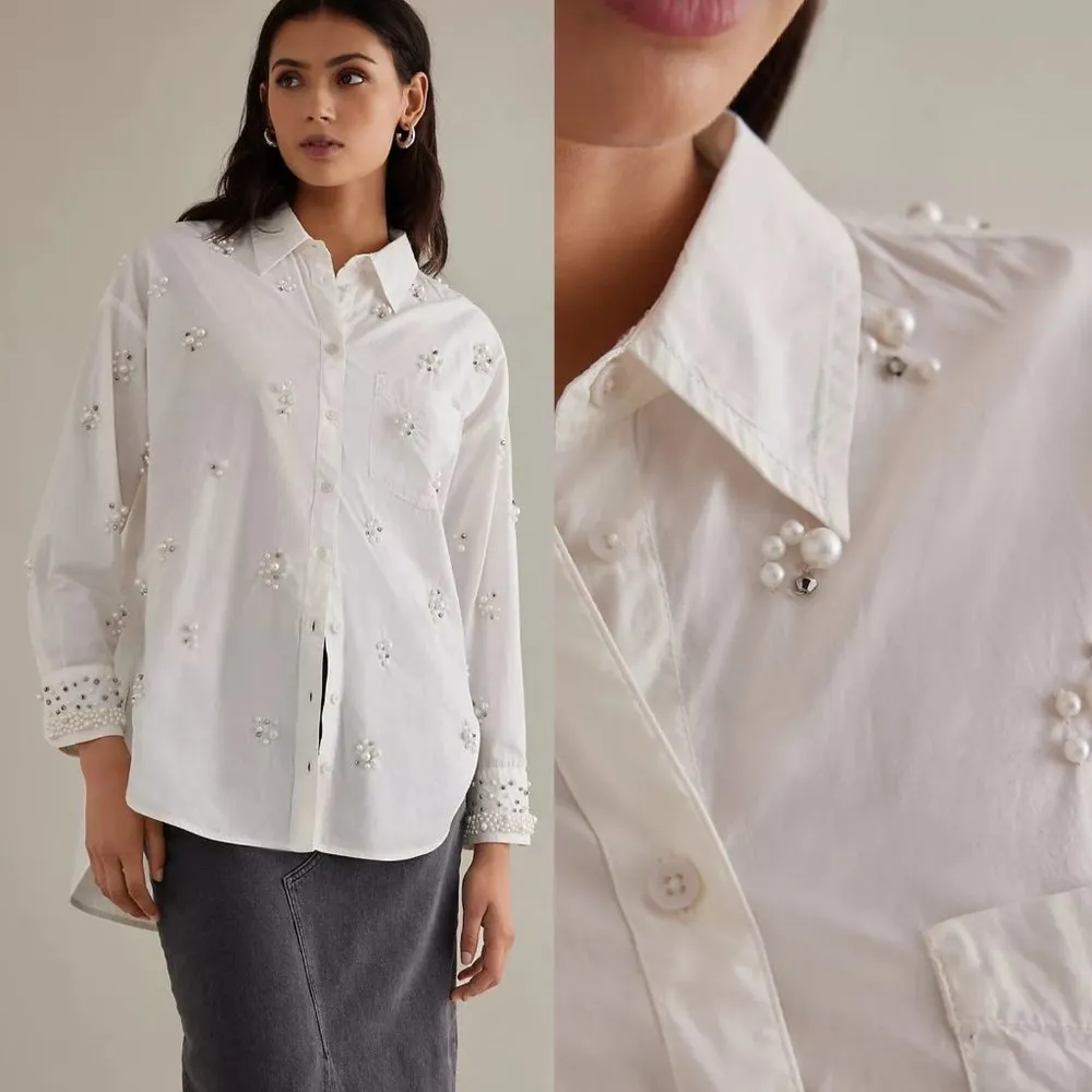 Anthropologie Maeve The Bennet Buttondown Shirt Pearl-Embellished Edition Small - Image 7