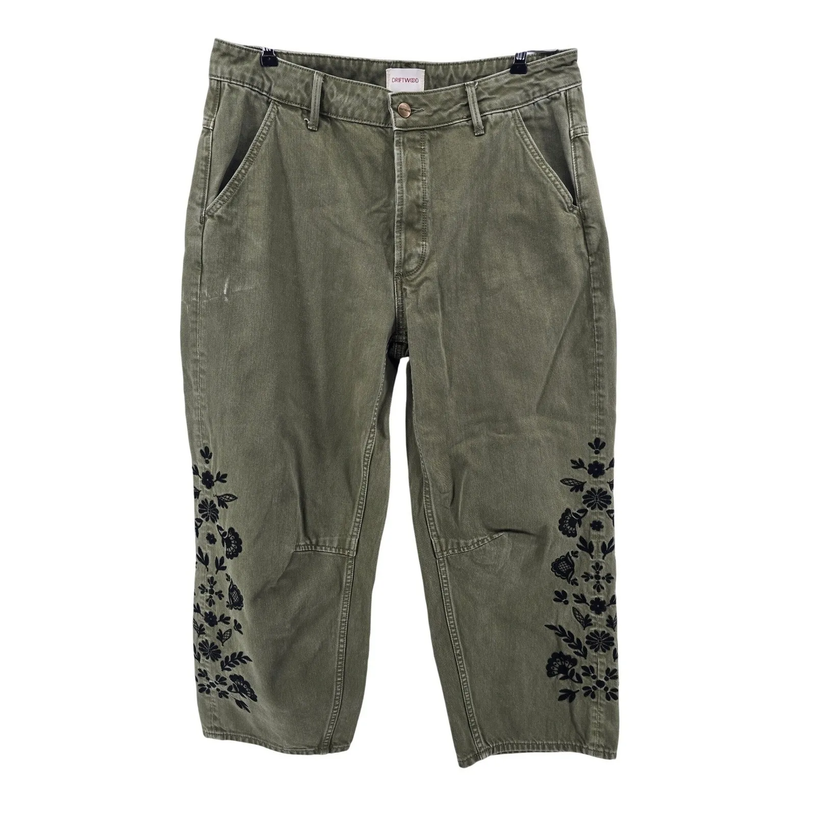 Driftwood Barbara Olive Green Embroidered Cropped Barrel Jeans Pants Size 31 - Image 2