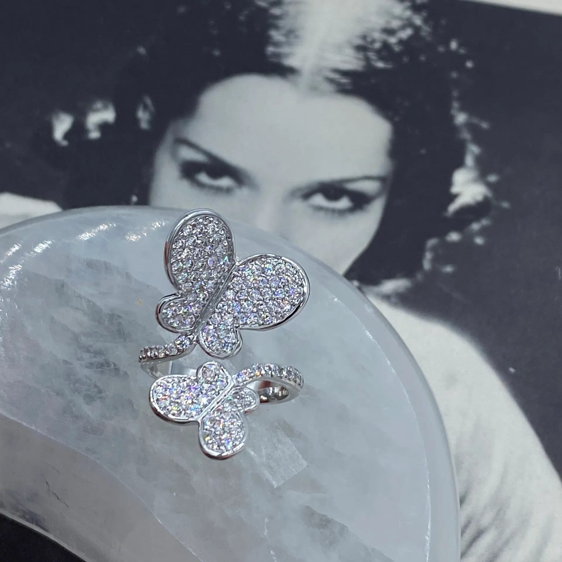 Butterfly AAA Grade CZ Rhodium Brass Statement Ring Sizes 6,7,9 Silver - Image 3