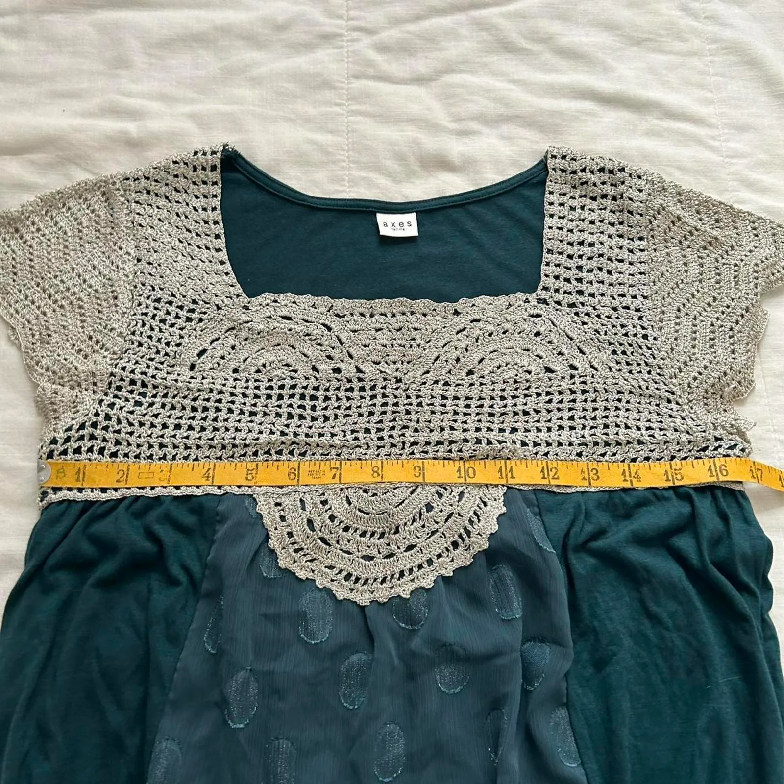 Axes Femme dark Green jacquard polka dot and cream crochet bib peasant top Size M - Image 7