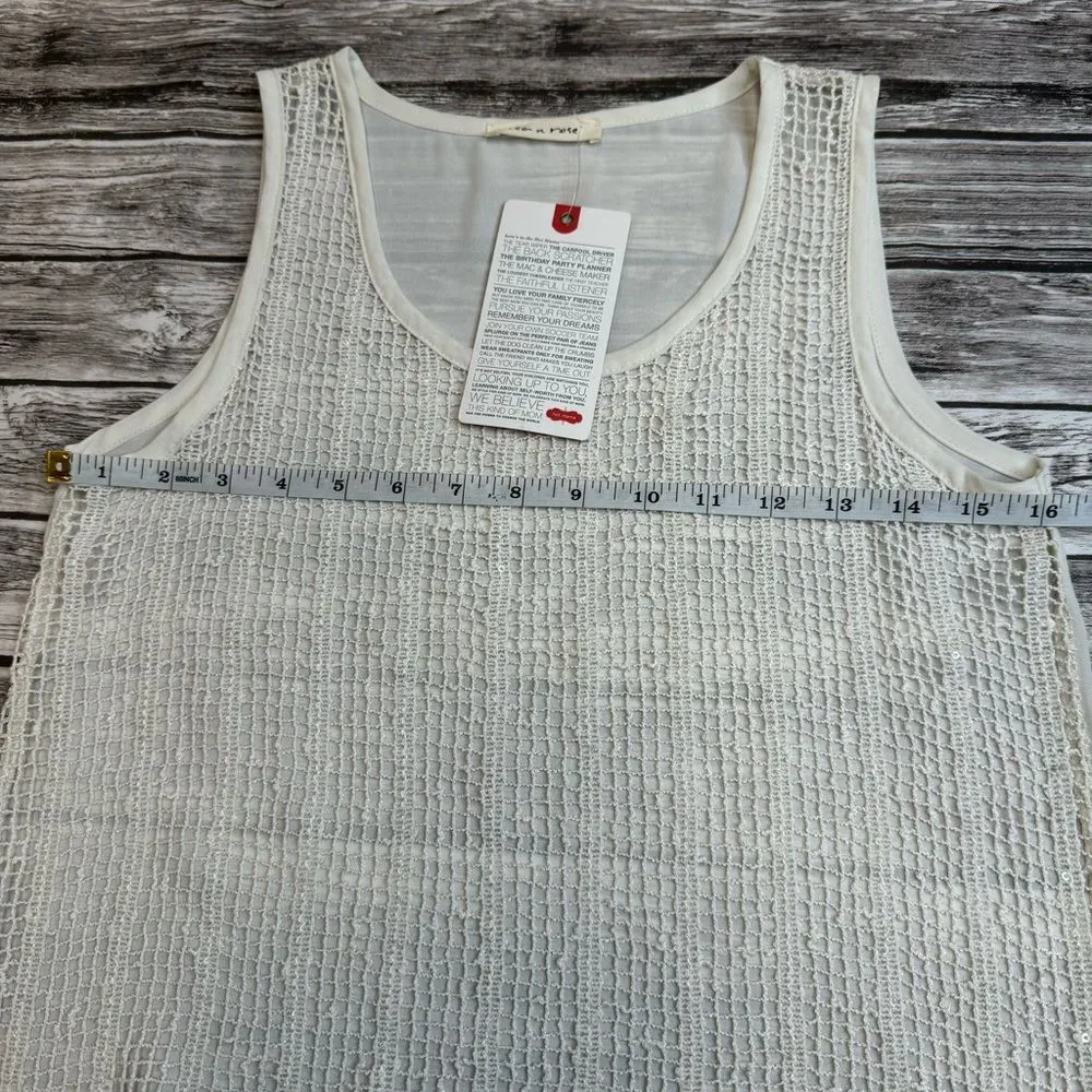Tea n Rose Women's Hot Mama Tank Top S SM Small Ivory Cream Sheer Hi Low Crochet - Image 9