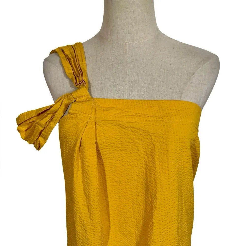 Cuyana Seersucker Twisted Shoulder A-Line Asymmetric Dress in Daffodil - Image 6