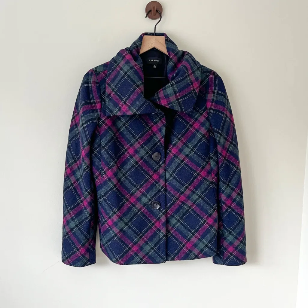 TALBOTS Wool Plaid Peacoat Blazer Jacket Buttons Lined Collar Buttons Women’s 12 - Image 3