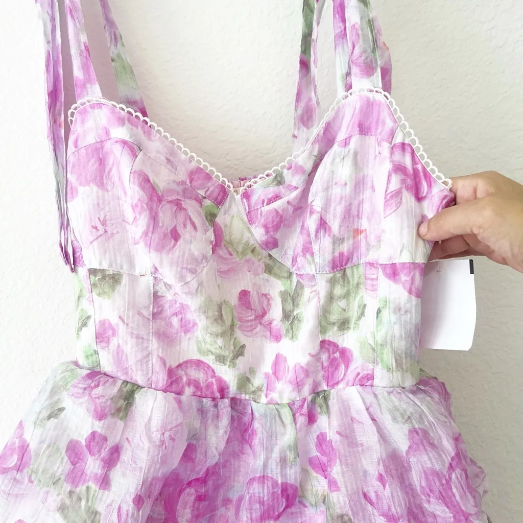ASTR The Label Zirconia Tie Strap‎ Tiered Dress in Lavender Floral Size XS NEW - Image 10