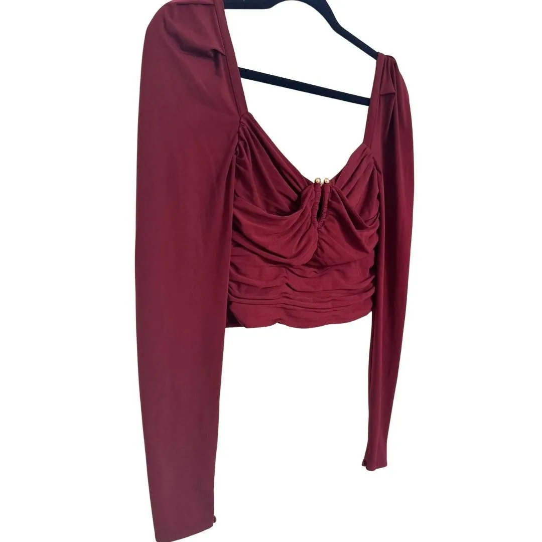 SELF PORTRAIT Cropped Long Sleeve Draped Gathered Knit Blouse Burgundy Top Sz 0 Red - Image 4