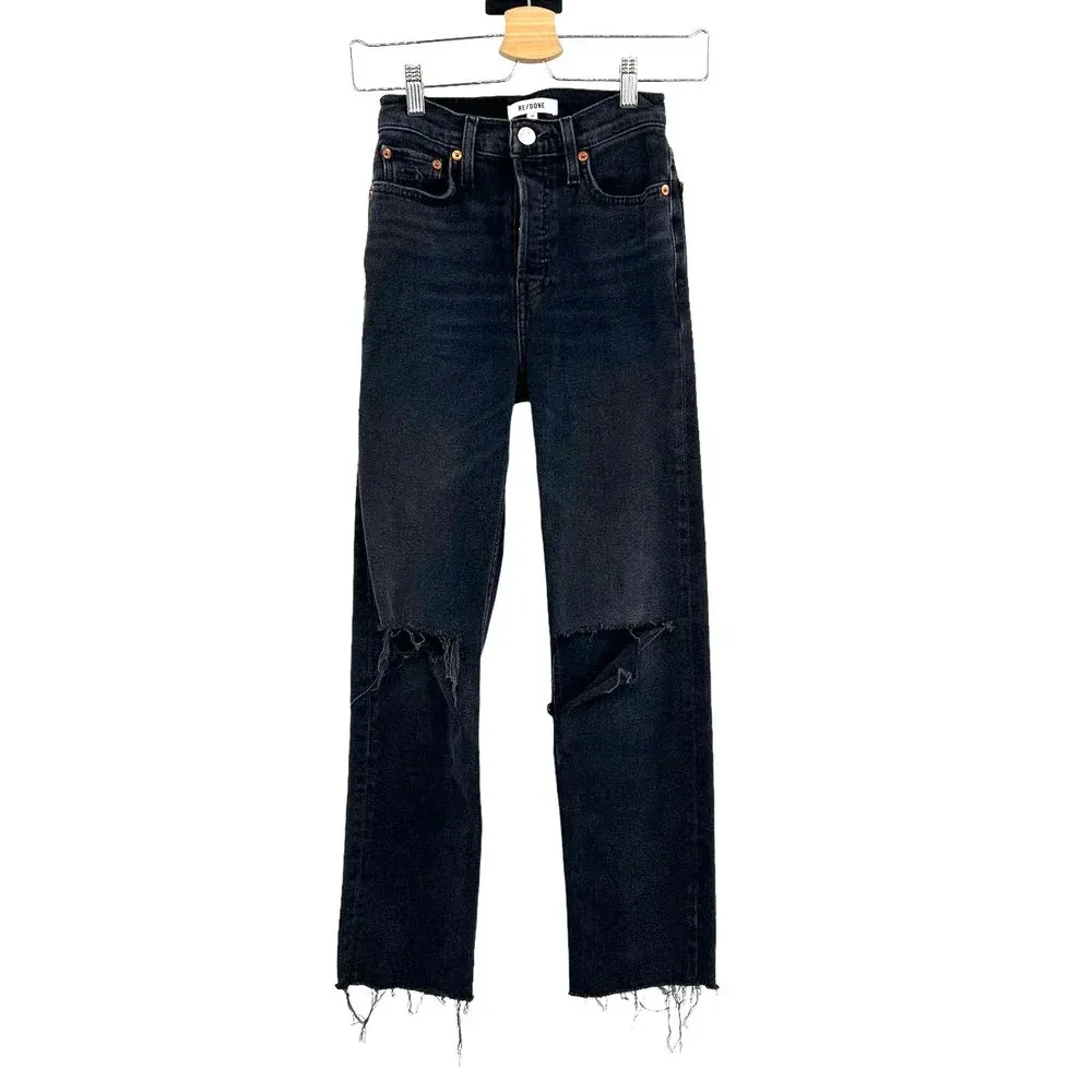 Re/Done Originals 70s Stove Pipe Jeans Faded Coal With Rips Size 23 - Image 3