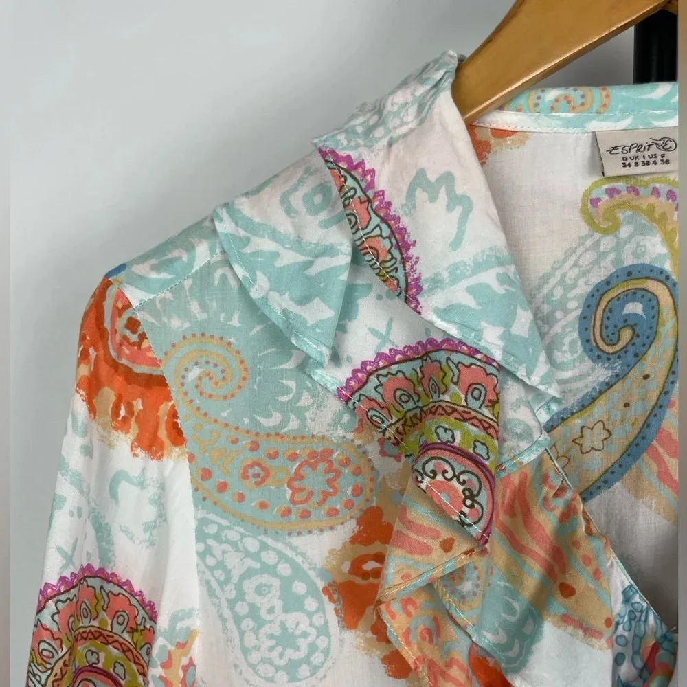 Esprit Multicolored Ruffle Collar Paisley Boho Flowy‎ Button Up Blouse - Image 3