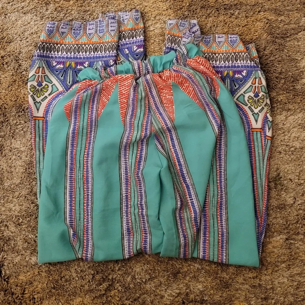 🔥SALE🔥Tyche Green Multicolor Tribal Print BOHO Wide Leg Pants M - Image 7
