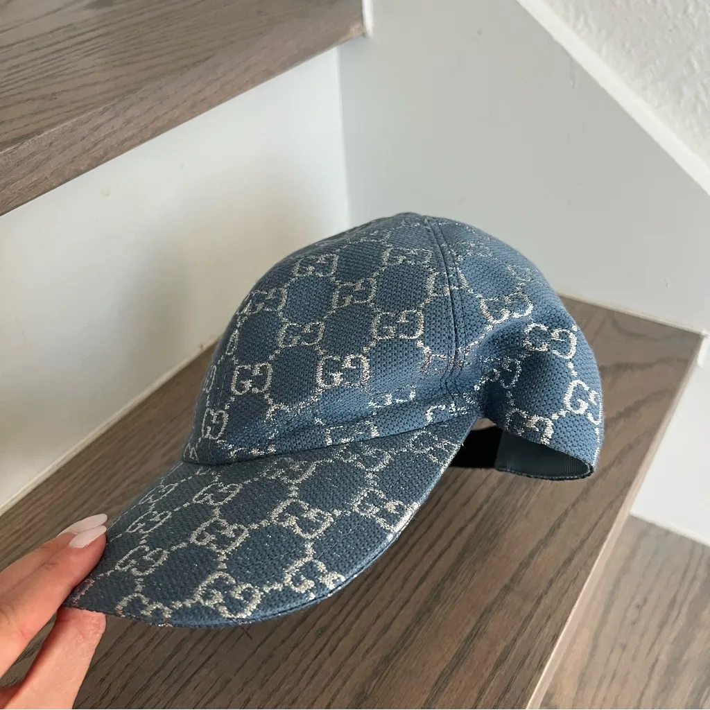 Gucci  Canvas Lame GG Monogram Rush Baseball Cap Hat in Blue and Silver - Image 2