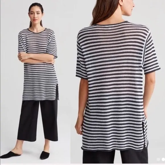 Eileen Fisher • organic linen knit stripe tunic round neck cover up dress beach - Image 2