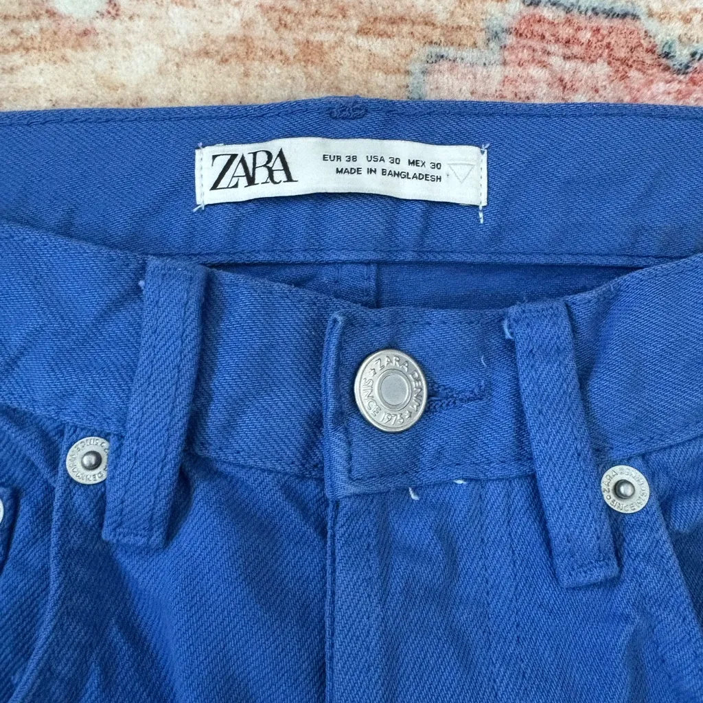 Zara High Rise Straight Leg Button Fly Royal Blue Jeans US Size 30 - Image 4