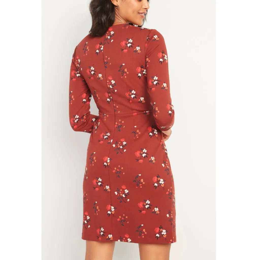 OLD NAVY Floral Ponte Knit Sheath Dress Rust Terracotta Red / Brown 3/4 Sleeve M - Image 5