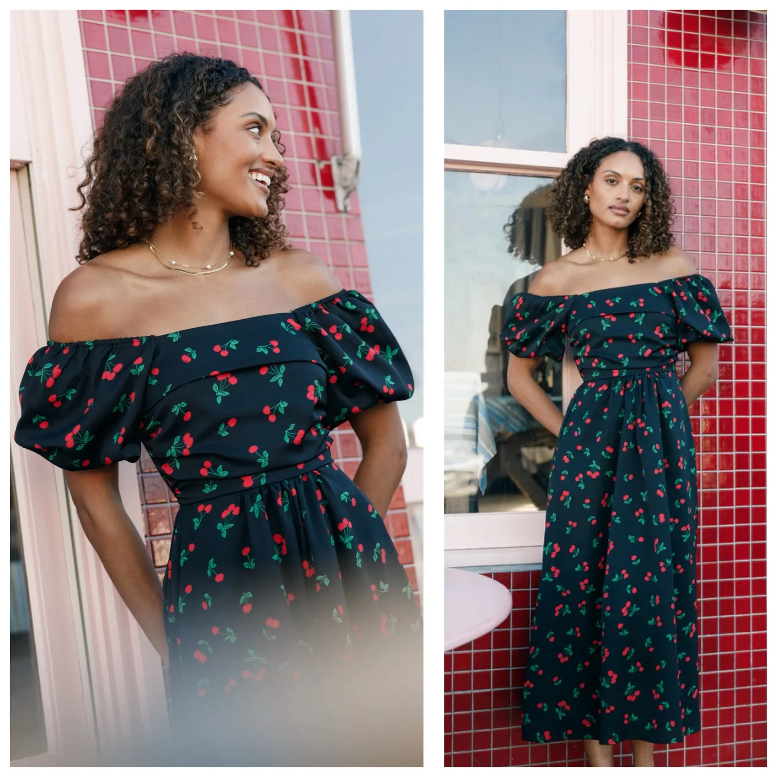 Petal & Pup Chlo Cherry Print Puff Sleeve Midi Dress Size Large Smocked Retro Black - Image 2