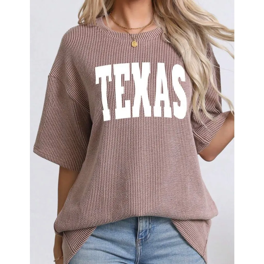 Texas & Letter Print Women Tops Summer Loose Oversized r T Shirts size small Brown - Image 2