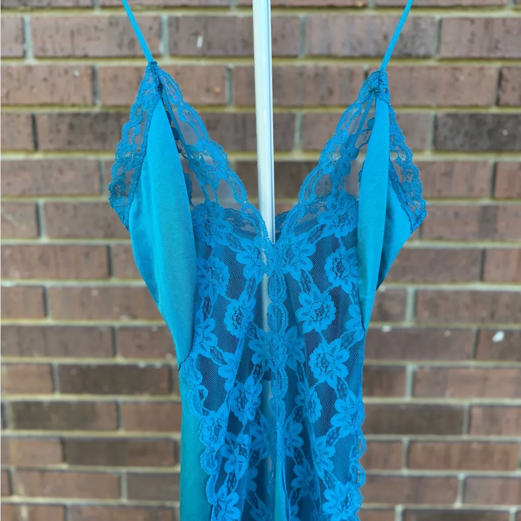 Vtg Val Mode Lingerie Slip Dress Nightgown Small Teal Blue Shiny Nylon Lace Long - Image 3