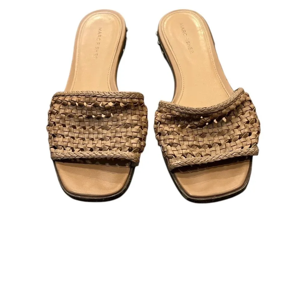 MARC FISHER Women Woven‎ Tan JEREMY Sandals Gold Spike studs Slides 8 M Read - Image 2