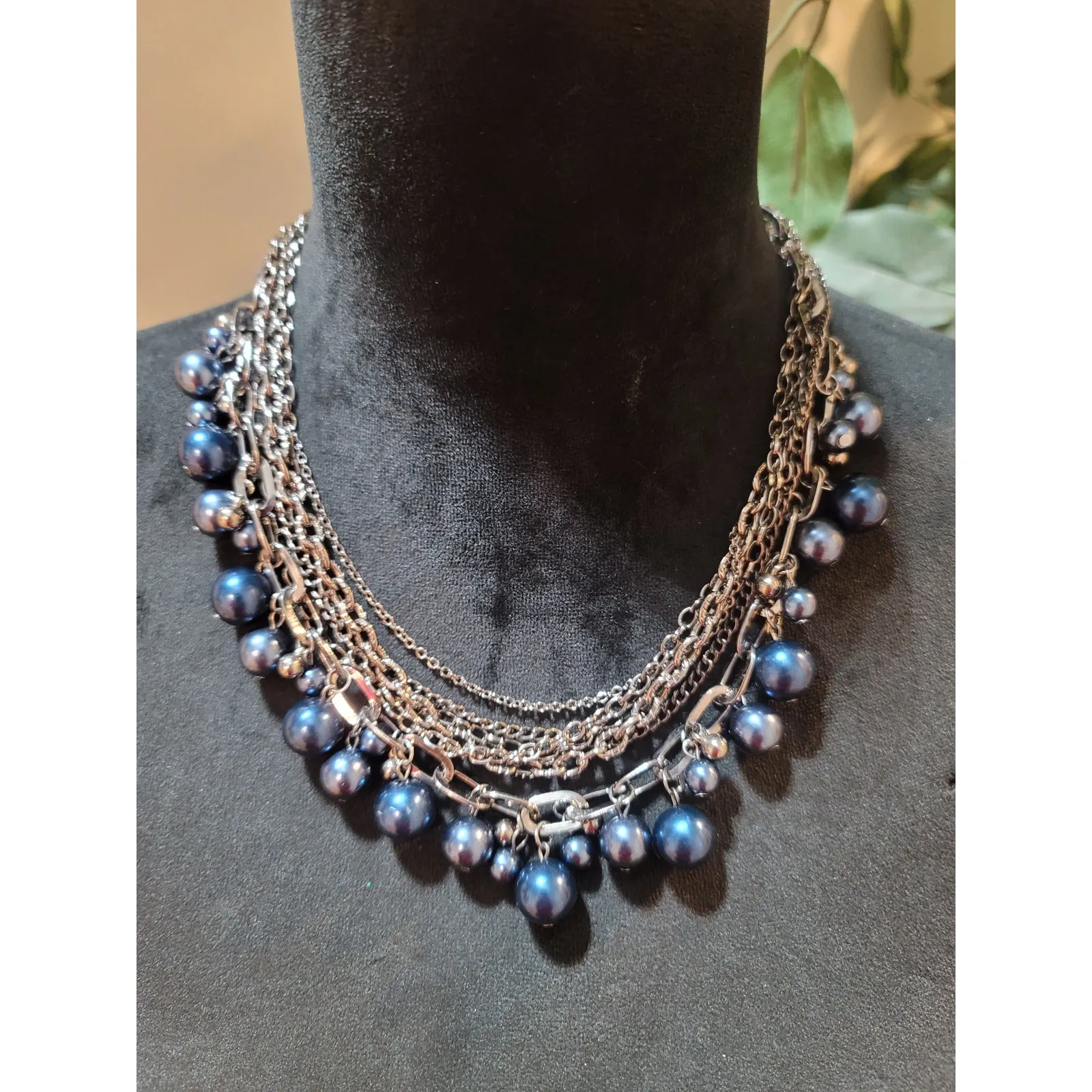 Women's Layered Silver Chain Necklace With Blue Beads And Lobster Clasp Lock - Image 2